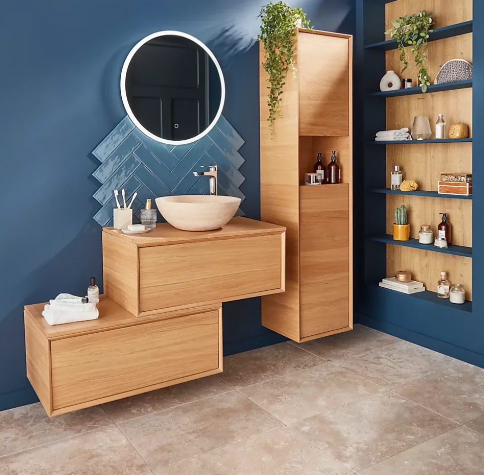 Meuble sous vasque 1 tiroir à suspendre GoodHome Avela placage chêne 80 cm