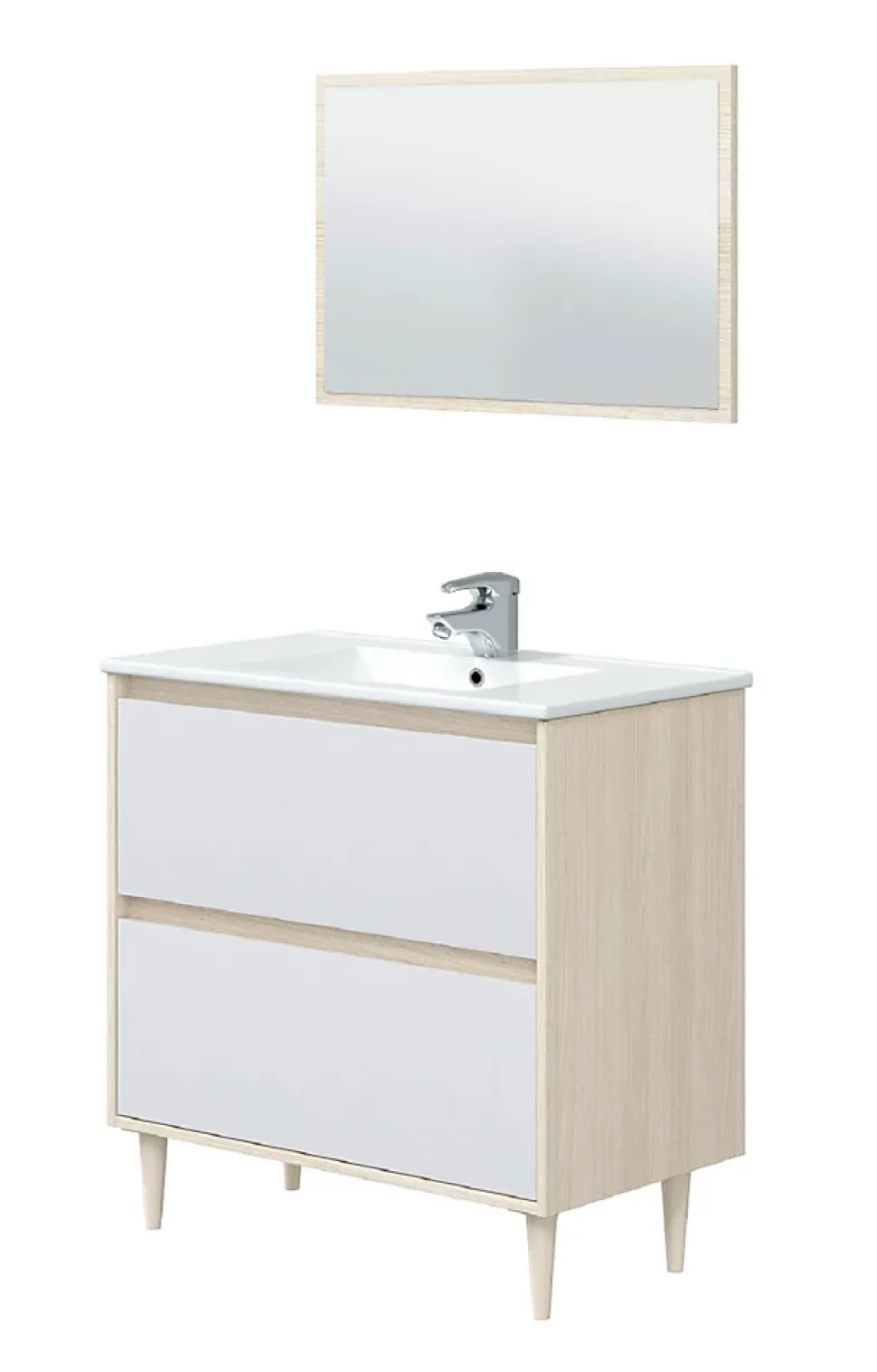 Meuble sous vasque en panneaux de particules mélaminés coloris chêne avec miroir - Longueur 80 x Profondeur 45 x Hauteur 80 cm