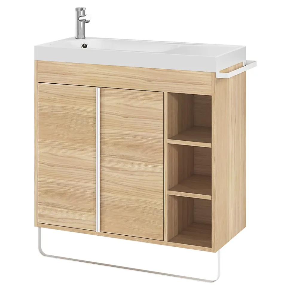 Meuble sous vasque faible profondeur à poser avec porte-serviettes effet bois l.85 x H.82 x P.36 cm, GoodHome Maza