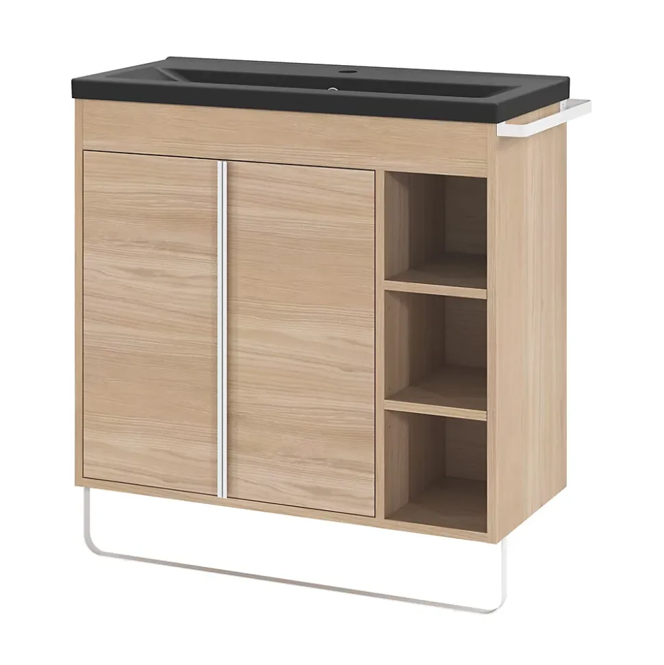 Meuble sous vasque faible profondeur à poser avec porte-serviettes effet bois l.85 x H.82 x P.36 cm, GoodHome Maza