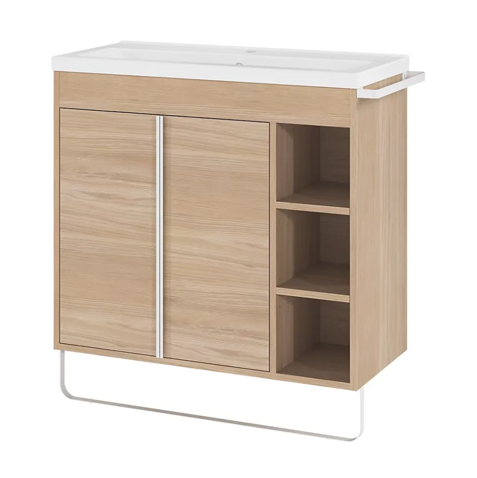Meuble sous vasque faible profondeur à poser avec porte-serviettes effet bois l.85 x H.82 x P.36 cm, GoodHome Maza