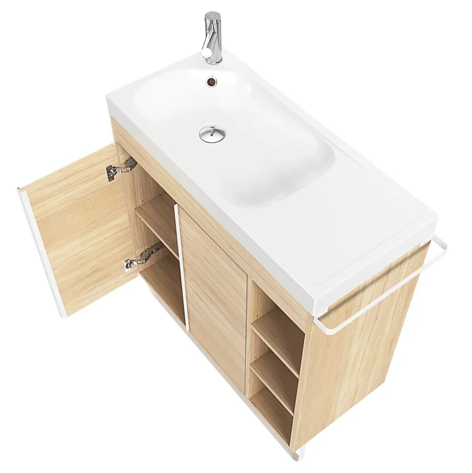 Meuble sous vasque faible profondeur à poser avec porte-serviettes effet bois l.85 x H.82 x P.36 cm, GoodHome Maza