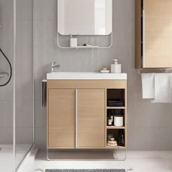 Meuble sous vasque faible profondeur à poser avec porte-serviettes effet bois l.85 x H.82 x P.36 cm, GoodHome Maza