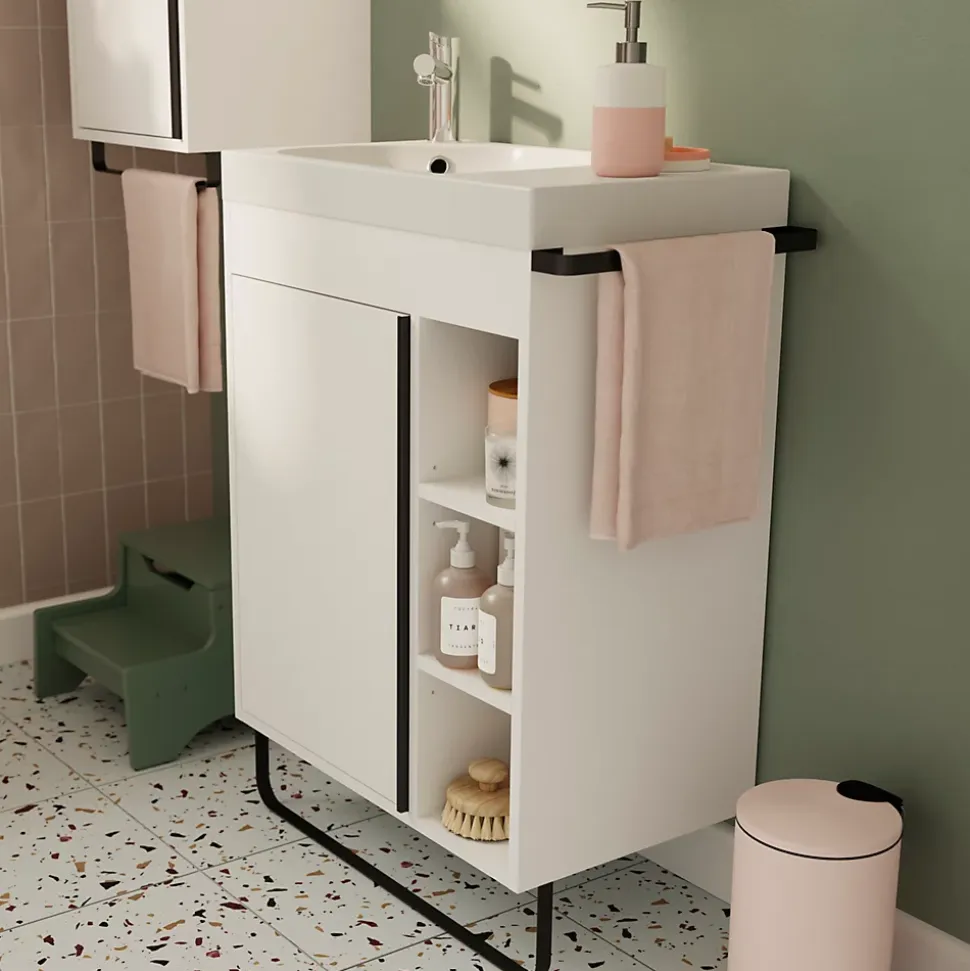 Meuble sous vasque faible profondeur à poser avec porte-serviettes blanc l.65 x H.82 x P.36 cm, GoodHome Maza