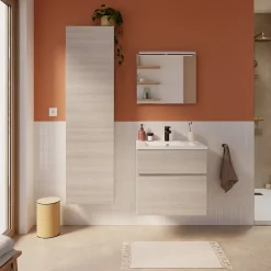 Meuble sous vasque faible profondeur effet chêne l.60 cm 2 tiroirs, Calao