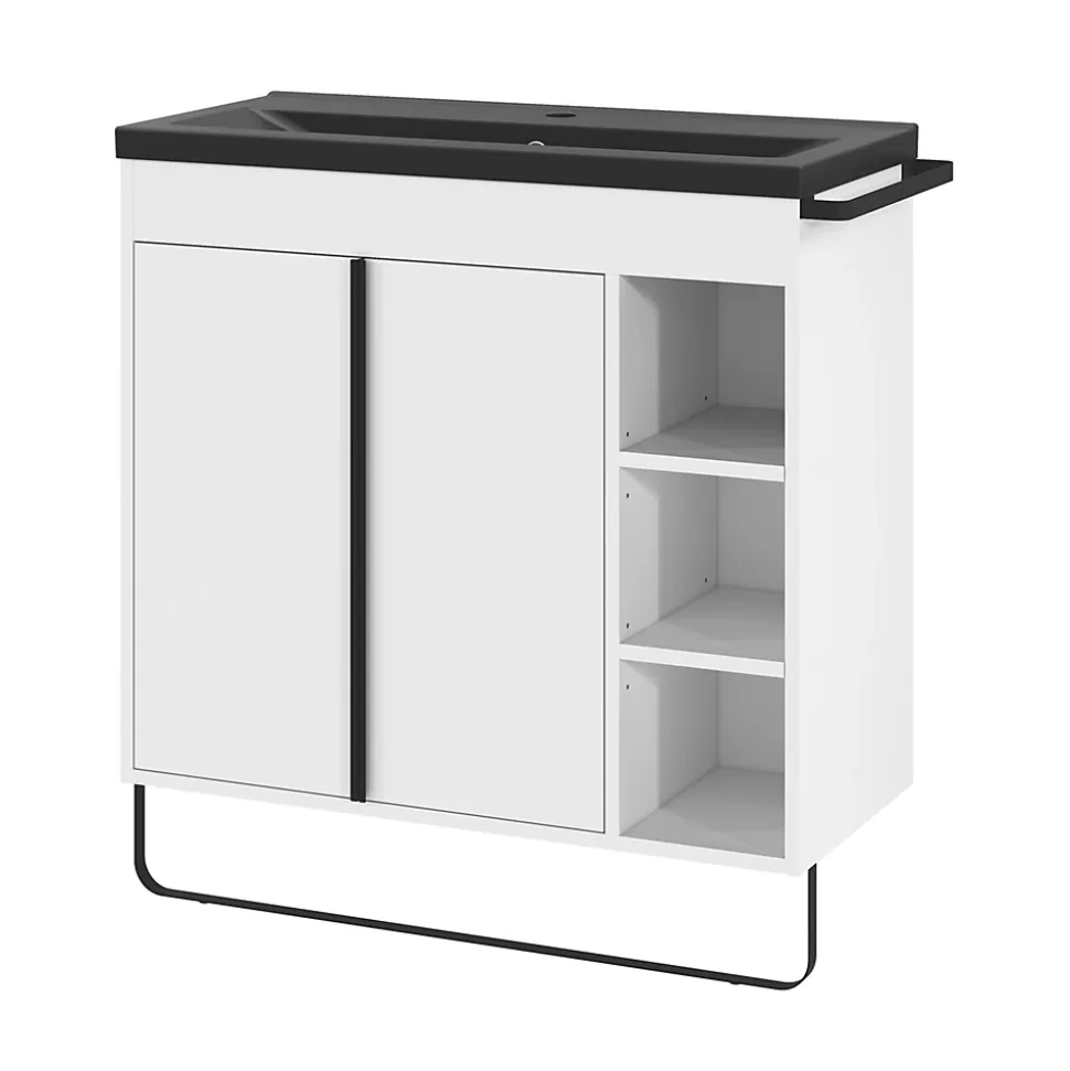 Meuble sous vasque faible profondeur à poser avec porte-serviettes blanc l.85 x H.82 x P.36 cm, GoodHome Maza