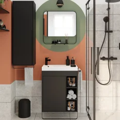 Meuble sous vasque faible profondeur à poser avec porte-serviettes noir l.65 x H.82 x P.36 cm, GoodHome Maza