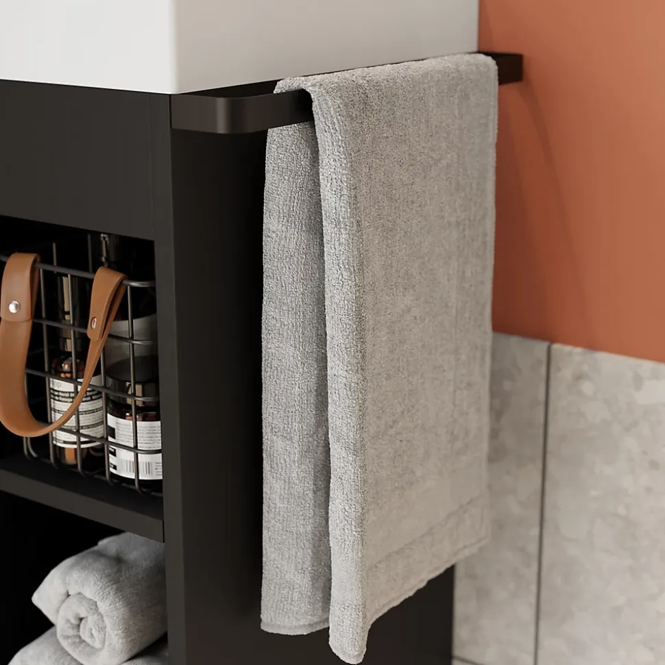 Meuble sous vasque faible profondeur à poser avec porte-serviettes noir l.65 x H.82 x P.36 cm, GoodHome Maza