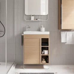 Meuble sous vasque faible profondeur à poser avec porte-serviettes effet bois l.65 x H.82 x P.36 cm, GoodHome Maza
