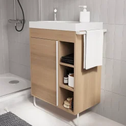 Meuble sous vasque faible profondeur à poser avec porte-serviettes effet bois l.65 x H.82 x P.36 cm, GoodHome Maza