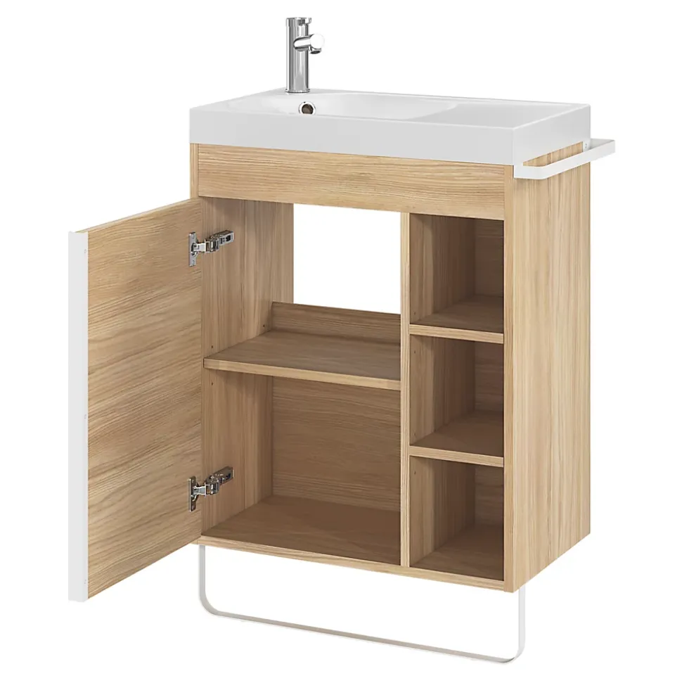 Meuble sous vasque faible profondeur à poser avec porte-serviettes effet bois l.65 x H.82 x P.36 cm, GoodHome Maza