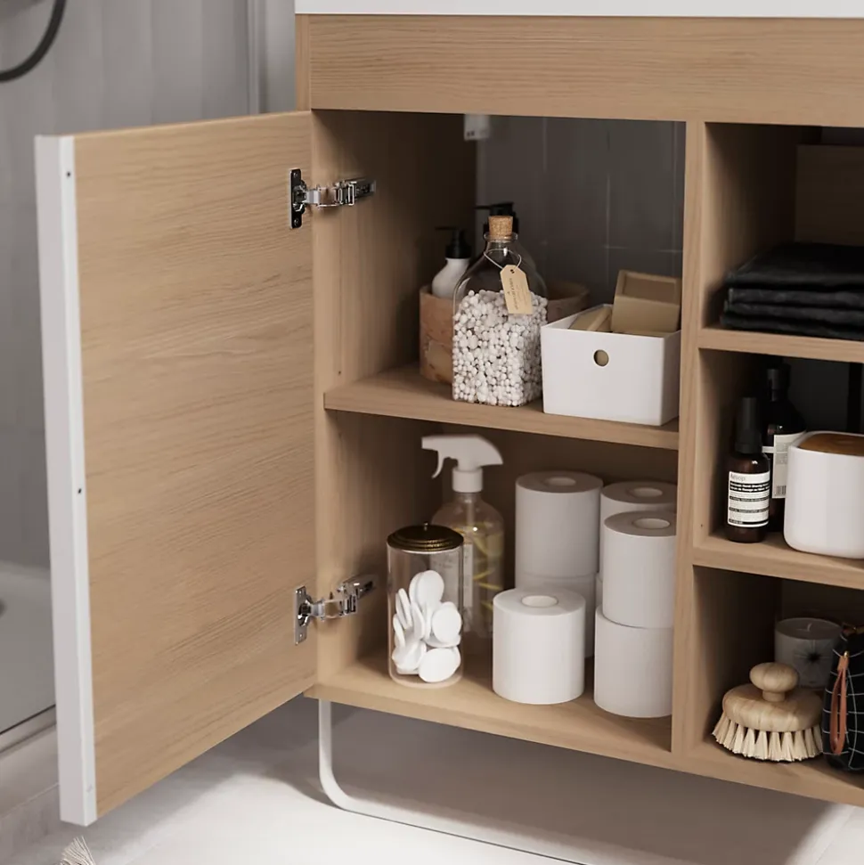Meuble sous vasque faible profondeur à poser avec porte-serviettes effet bois l.65 x H.82 x P.36 cm, GoodHome Maza