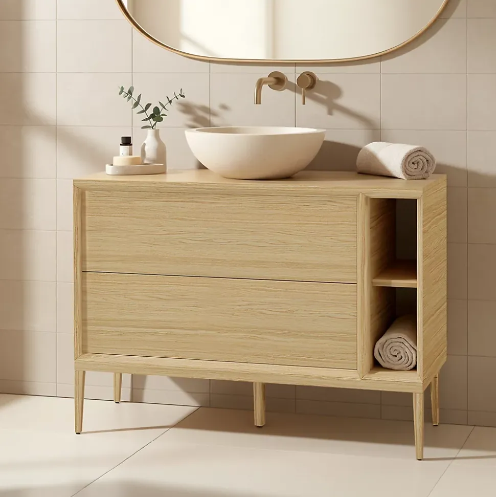 Meuble sous vasque GoodHome Avela placage chêne 100 cm + plan de toilette Avela 120 cm + niche 20 cm + pieds