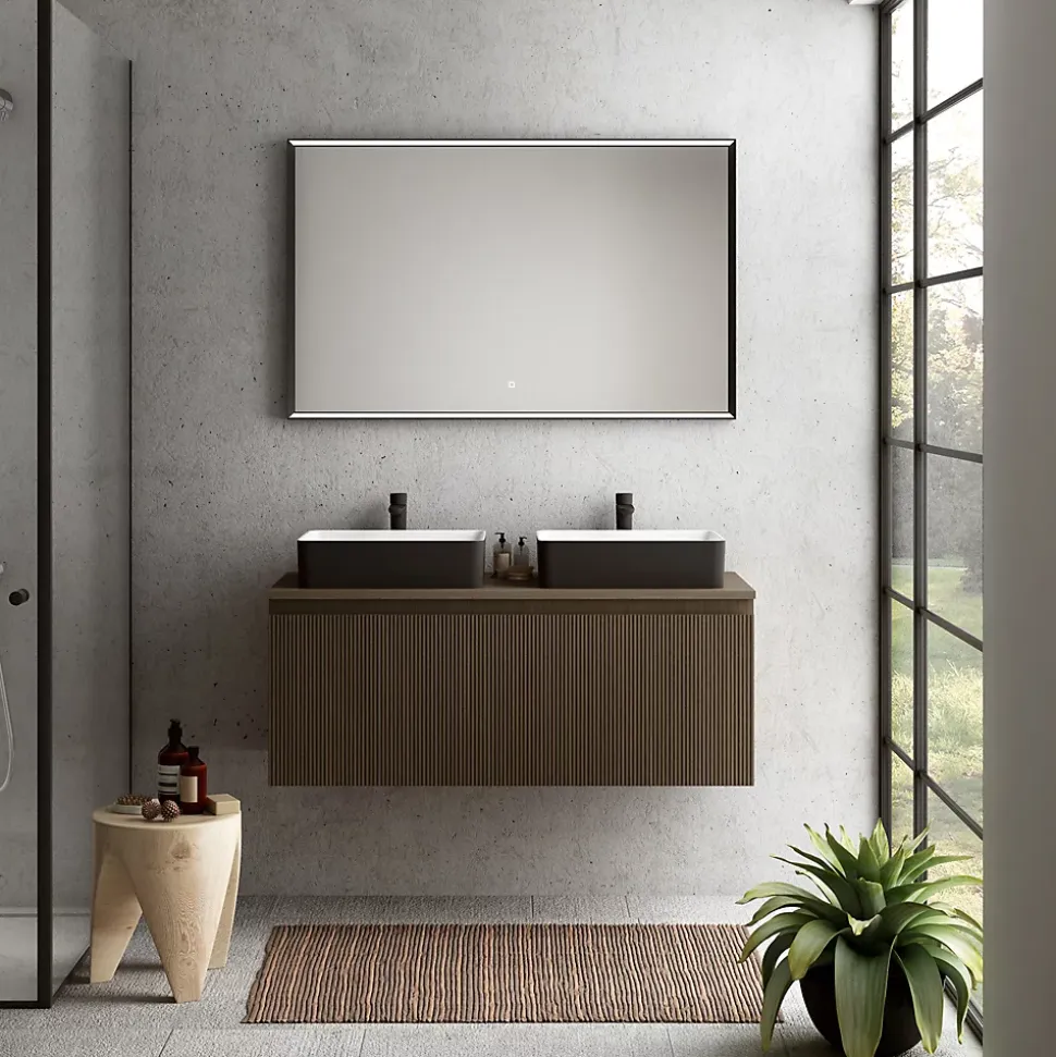 Meuble sous vasque suspendu effet noyer l.120 cm pour double vasque, Pura