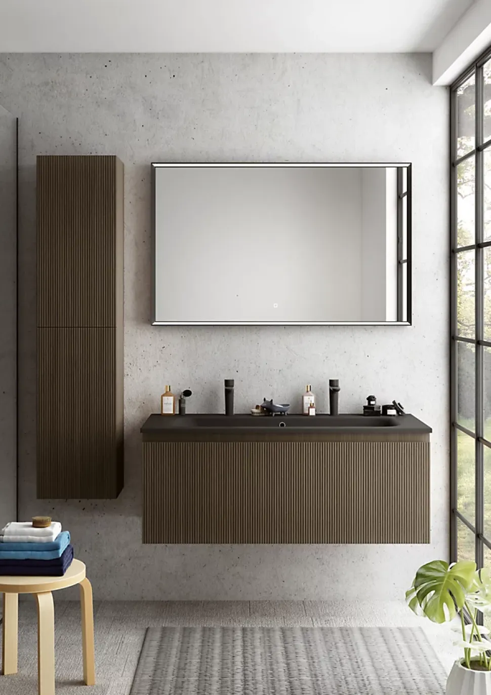 Meuble sous vasque suspendu placage noyer strié l.120 cm Pura