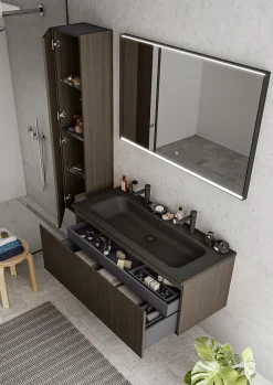 Meuble sous vasque suspendu placage noyer strié l.120 cm Pura