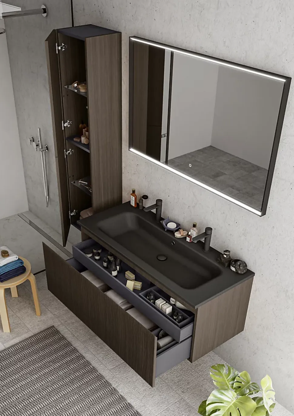 Meuble sous vasque suspendu placage noyer strié l.120 cm Pura