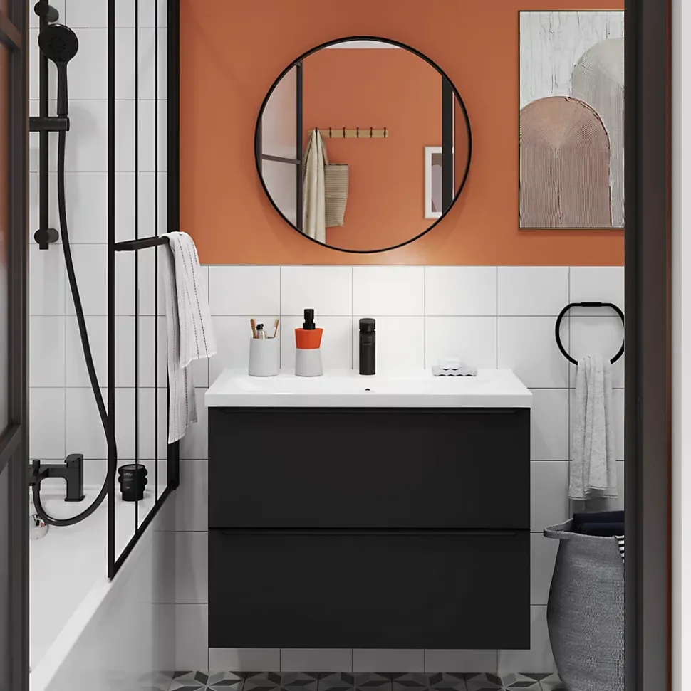 Meuble sous vasque suspendu faible profondeur noir mat l.80 x H.60 x P.36 cm, GoodHome Imandra