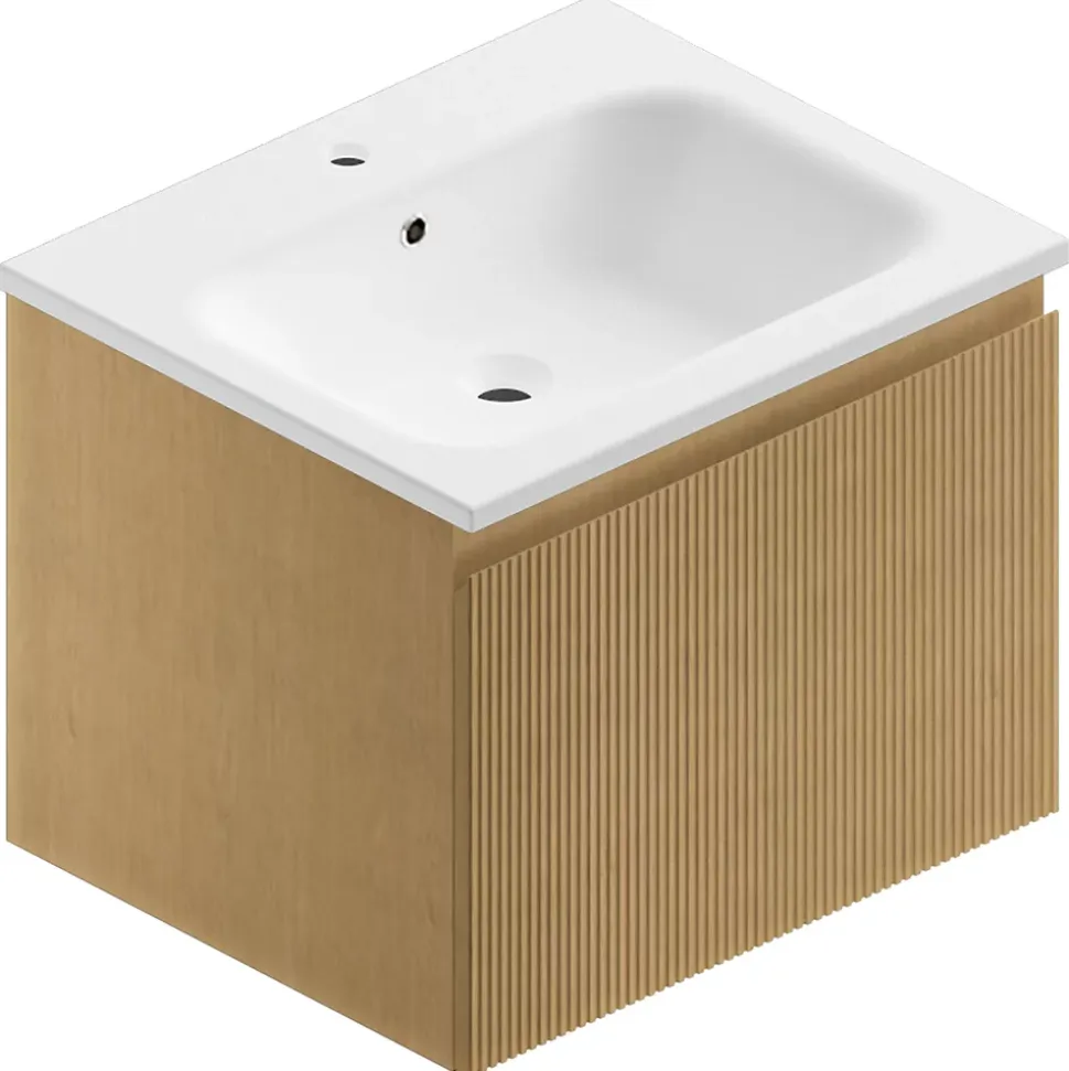 Meuble sous vasque suspendu placage chêne miel strié l.60 cm, Pura