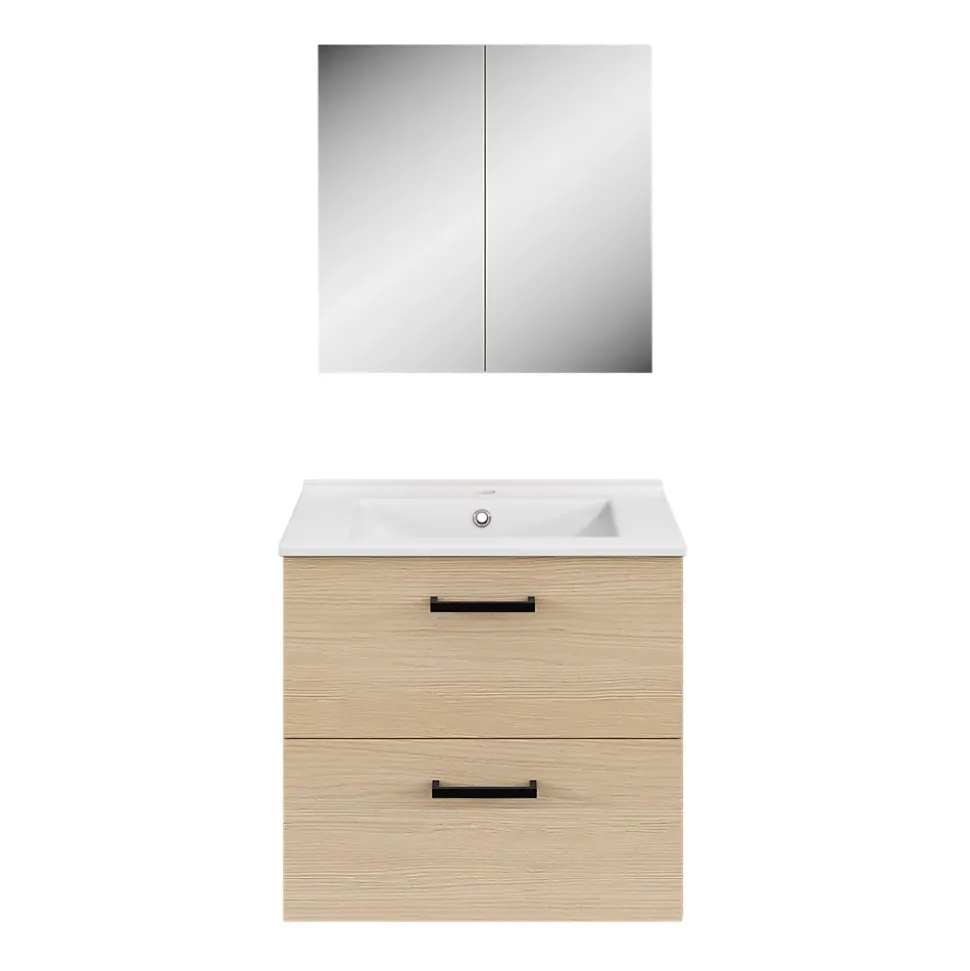 Meuble sous vasque suspendu effet chêne 2 tiroirs l.60 x H.55 x P.45 cm, Opah