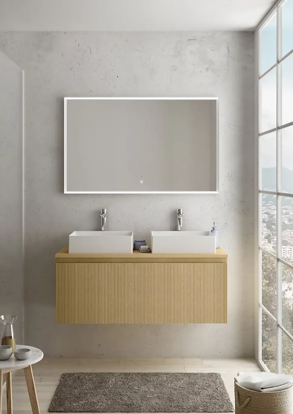 Meuble sous vasque suspendu effet chêne miel l.120 cm pour double vasque, Pura