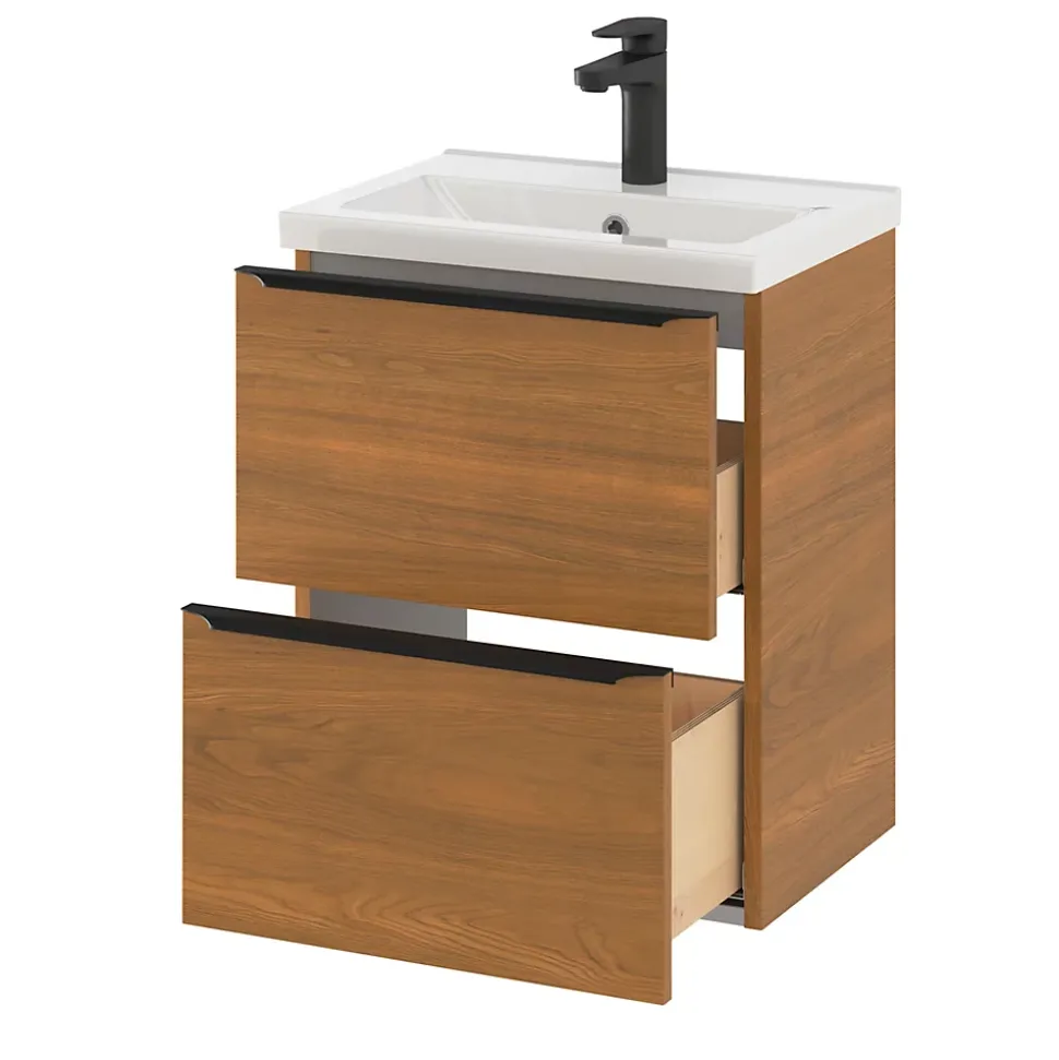 Meuble sous vasque suspendu faible profondeur effet noyer l.50 x H.60 x P.36 cm, GoodHome Imandra