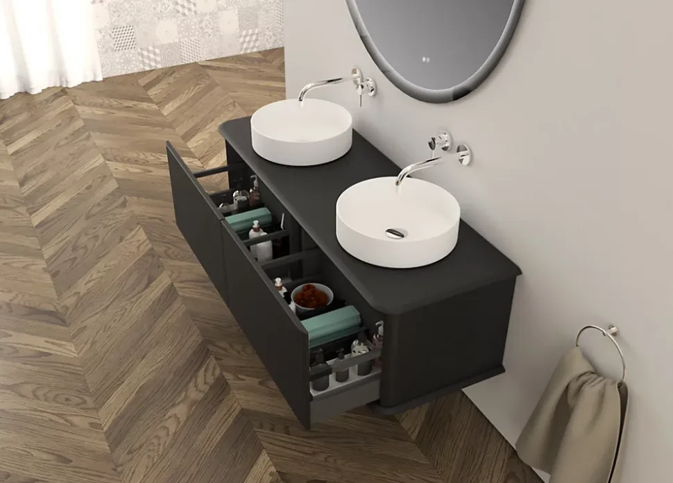 Meuble sous-vasque à suspendre l.141 cm avec plan de toilette et 2 vasques à poser, noir mat, Idra