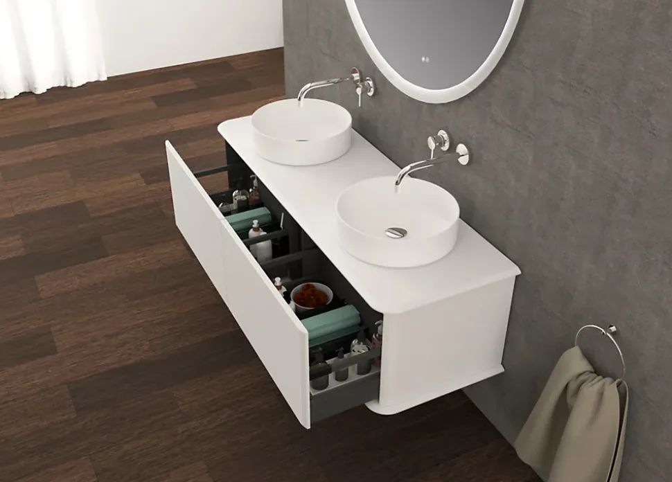 Meuble sous-vasque à suspendre l.141 cm avec plan de toilette et 2 vasques à poser, blanc mat, Idra