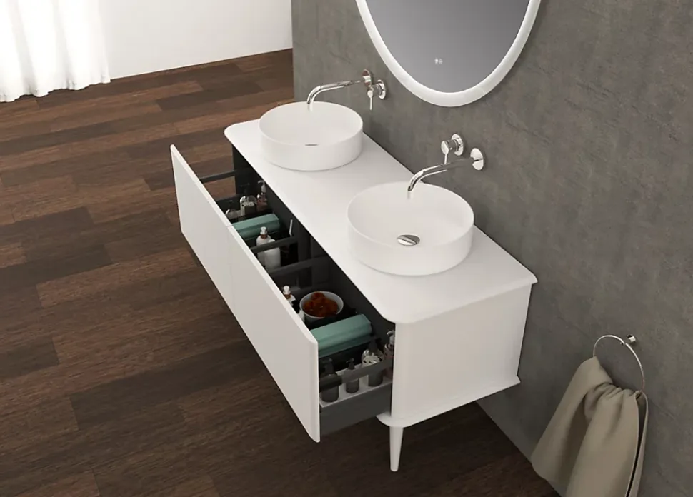 Meuble sous-vasque à suspendre l.141 cm avec plan de toilette, 2 vasques à poser et pieds H.29 cm, blanc mat, Idra