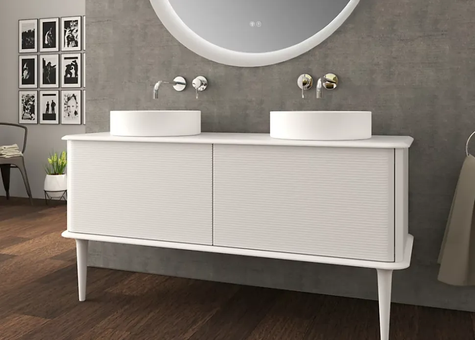 Meuble sous-vasque à suspendre l.141 cm avec plan de toilette, 2 vasques à poser et pieds H.29 cm, blanc mat, Idra