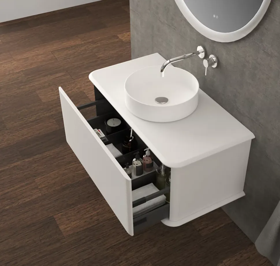 Meuble sous-vasque à suspendre l.95 cm avec plan de toilette et vasque à poser, blanc mat, Idra