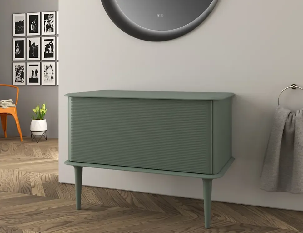 Meuble sous-vasque à suspendre l.95 cm avec plan de toilette et pieds H.29 cm, vert mat, Idra