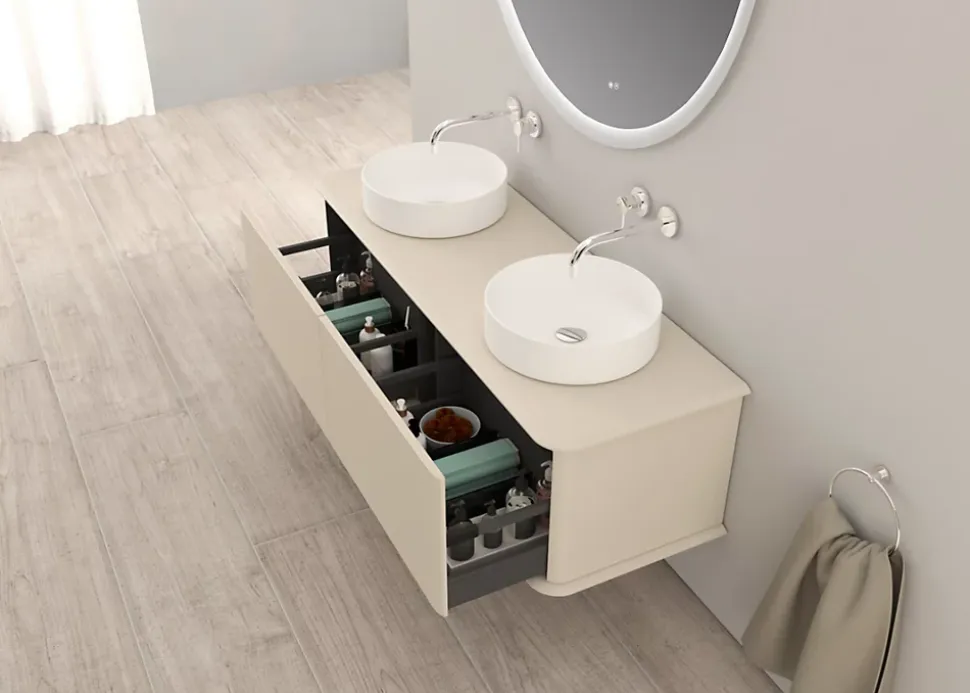 Meuble sous-vasque à suspendre l.141 cm avec plan de toilette et 2 vasques à poser, beige coton, Idra