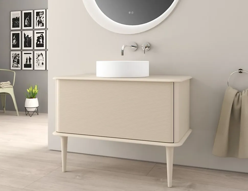 Meuble sous-vasque à suspendre l.95 cm avec plan de toilette, vasque à poser et pieds H.29 cm, beige coton, Idra