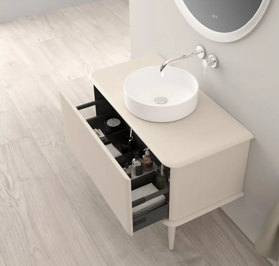Meuble sous-vasque à suspendre l.95 cm avec plan de toilette, vasque à poser et pieds H.29 cm, beige coton, Idra