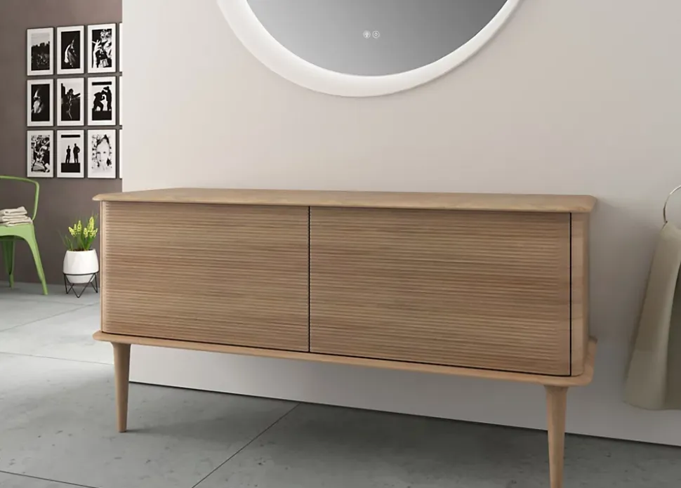 Meuble sous-vasque à suspendre l.141 cm avec plan de toilette et pieds H.29 cm, effet chêne tabac, Idra