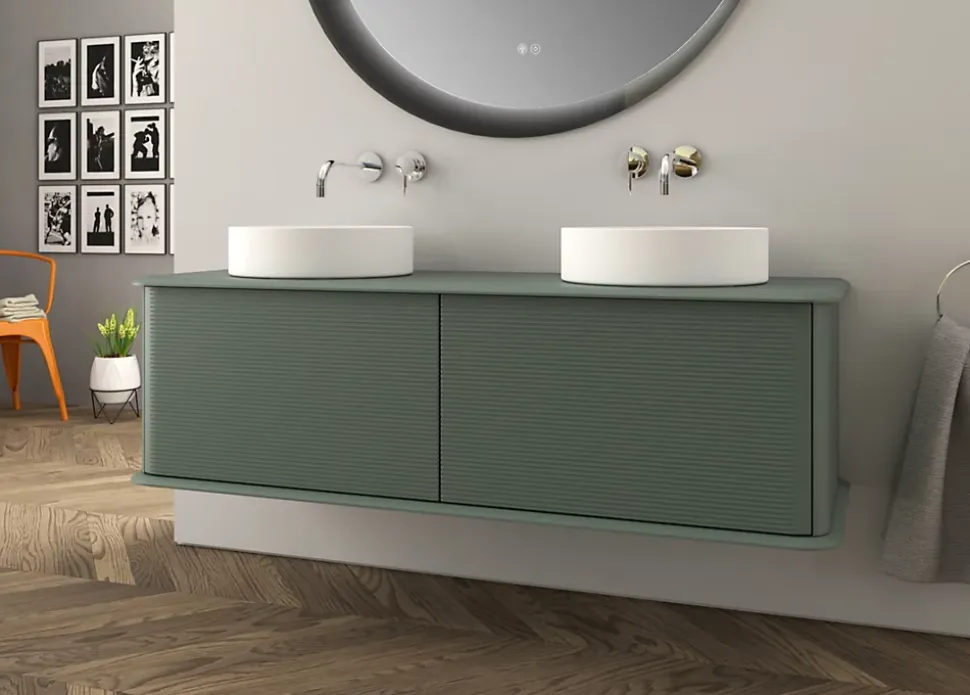 Meuble sous-vasque à suspendre l.141 cm avec plan de toilette et 2 vasques à poser, vert mat, Idra