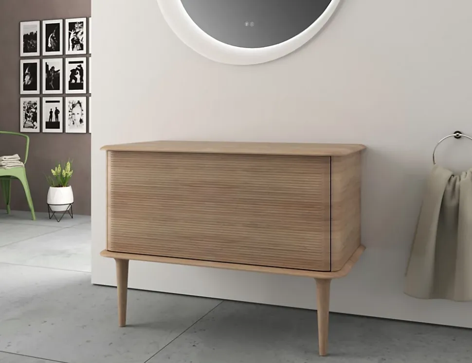 Meuble sous-vasque à suspendre l.95 cm avec plan de toilette et pieds H.29 cm, effet chêne tabac, Idra