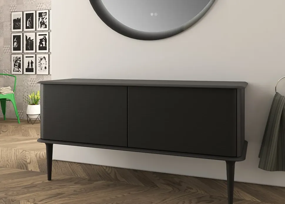Meuble sous-vasque à suspendre l.141 cm avec plan de toilette et pieds H.29 cm, noir mat, Idra