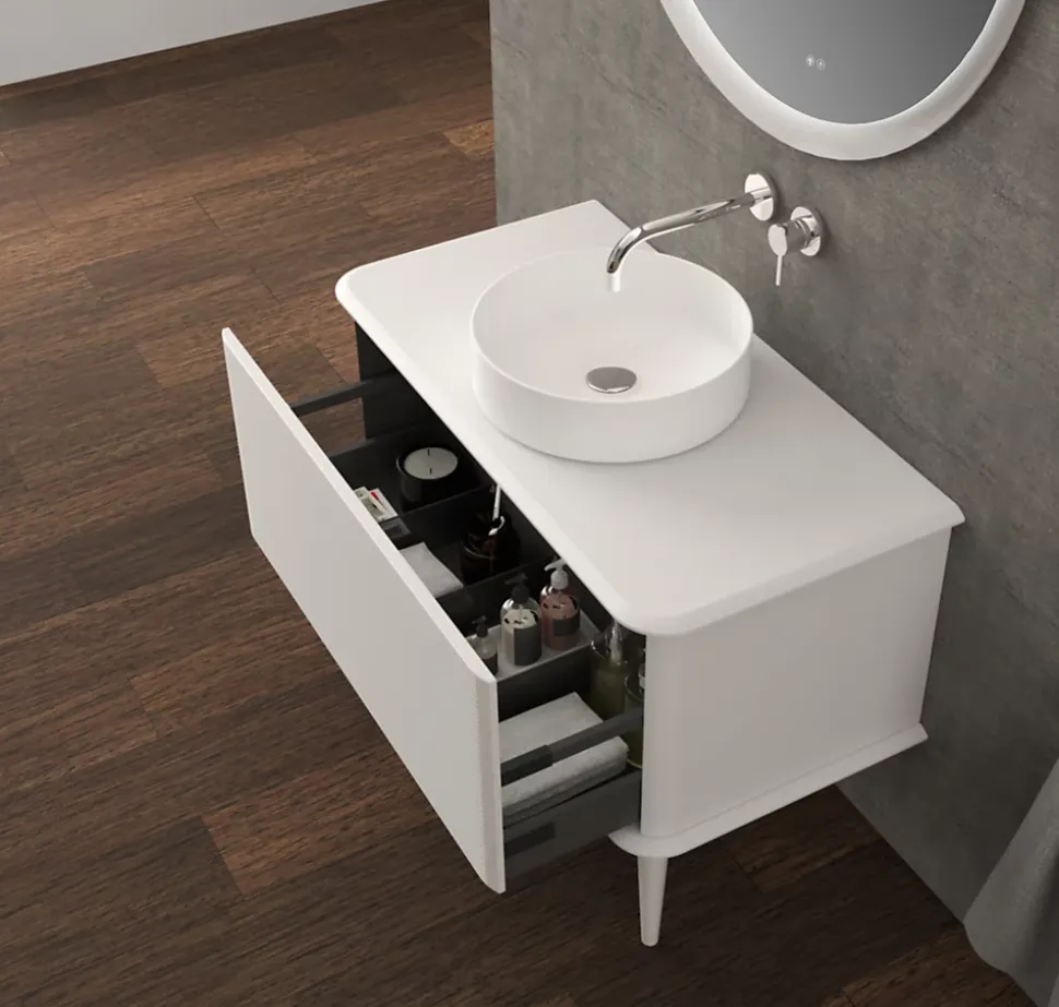 Meuble sous-vasque à suspendre l.95 cm avec plan de toilette, vasque à poser et pieds H.29 cm, blanc mat, Idra