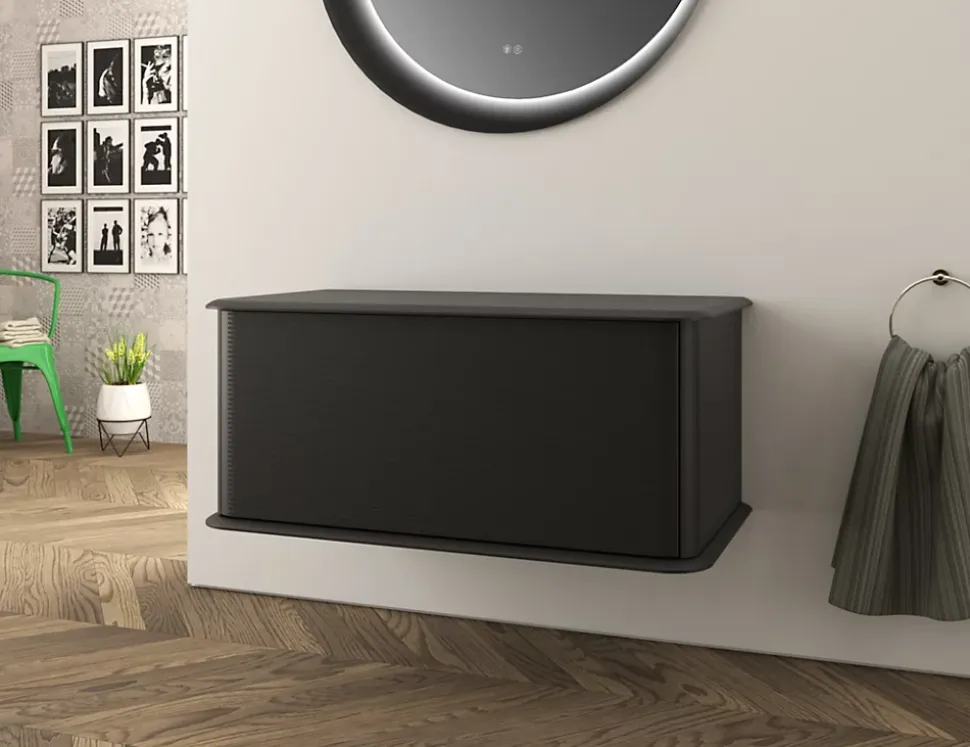 Meuble sous-vasque à suspendre l.95 cm avec plan de toilette, noir mat, Idra