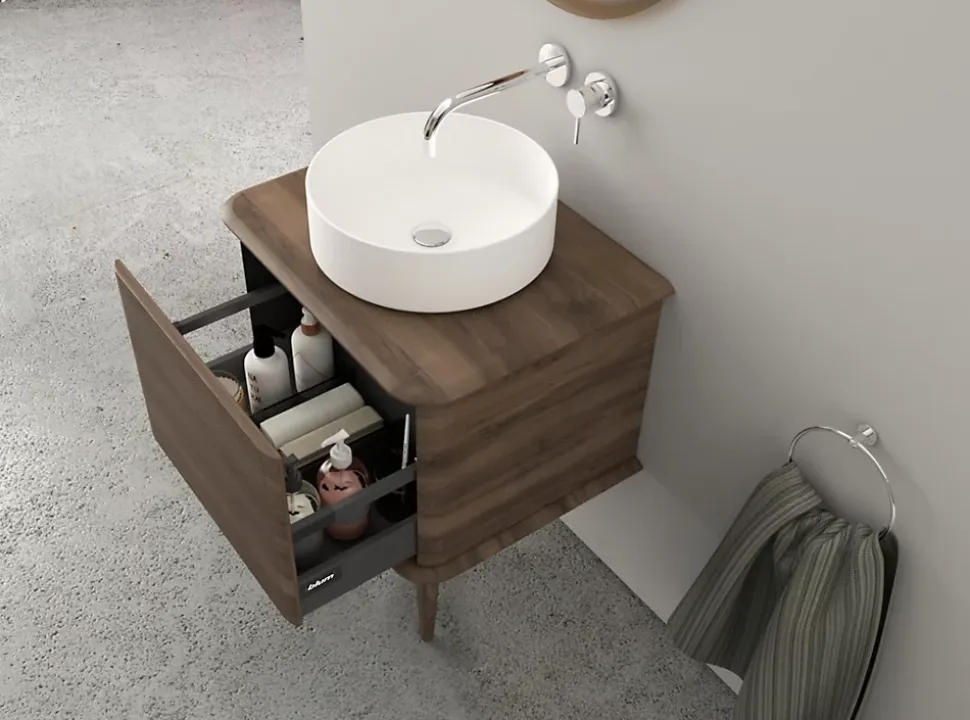 Meuble sous-vasque à suspendre l.61 cm avec plan de toilette, vasque à poser et pieds H.29 cm, effet noyer, Idra