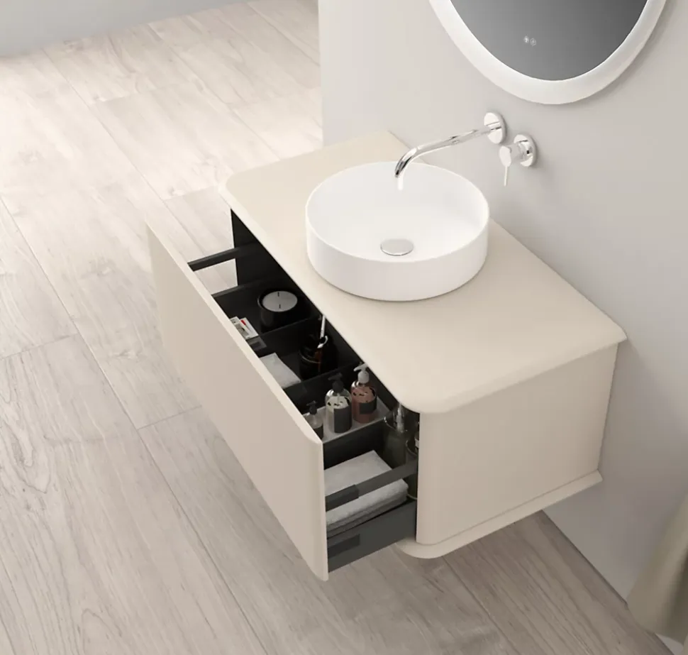 Meuble sous-vasque à suspendre l.95 cm avec plan de toilette et vasque à poser, beige coton, Idra