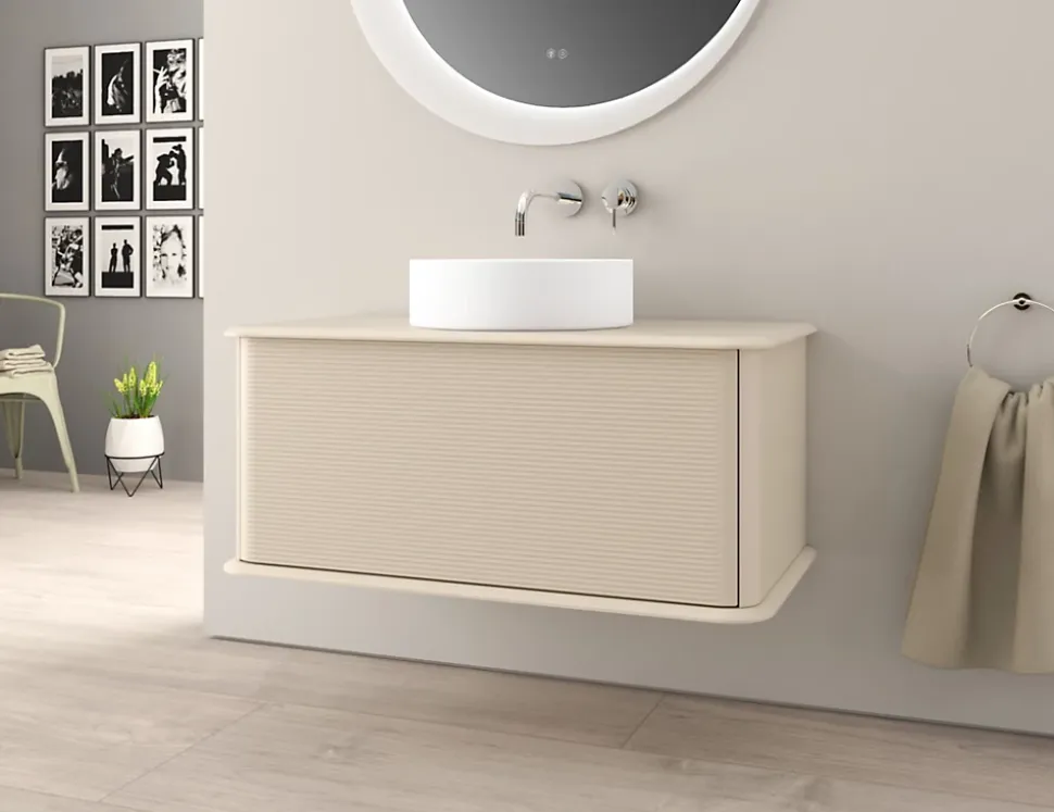 Meuble sous-vasque à suspendre l.95 cm avec plan de toilette et vasque à poser, beige coton, Idra