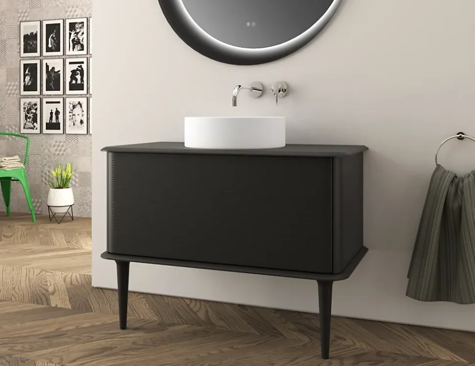 Meuble sous-vasque à suspendre l.95 cm avec plan de toilette, vasque à poser et pieds H.29 cm, noir mat, Idra