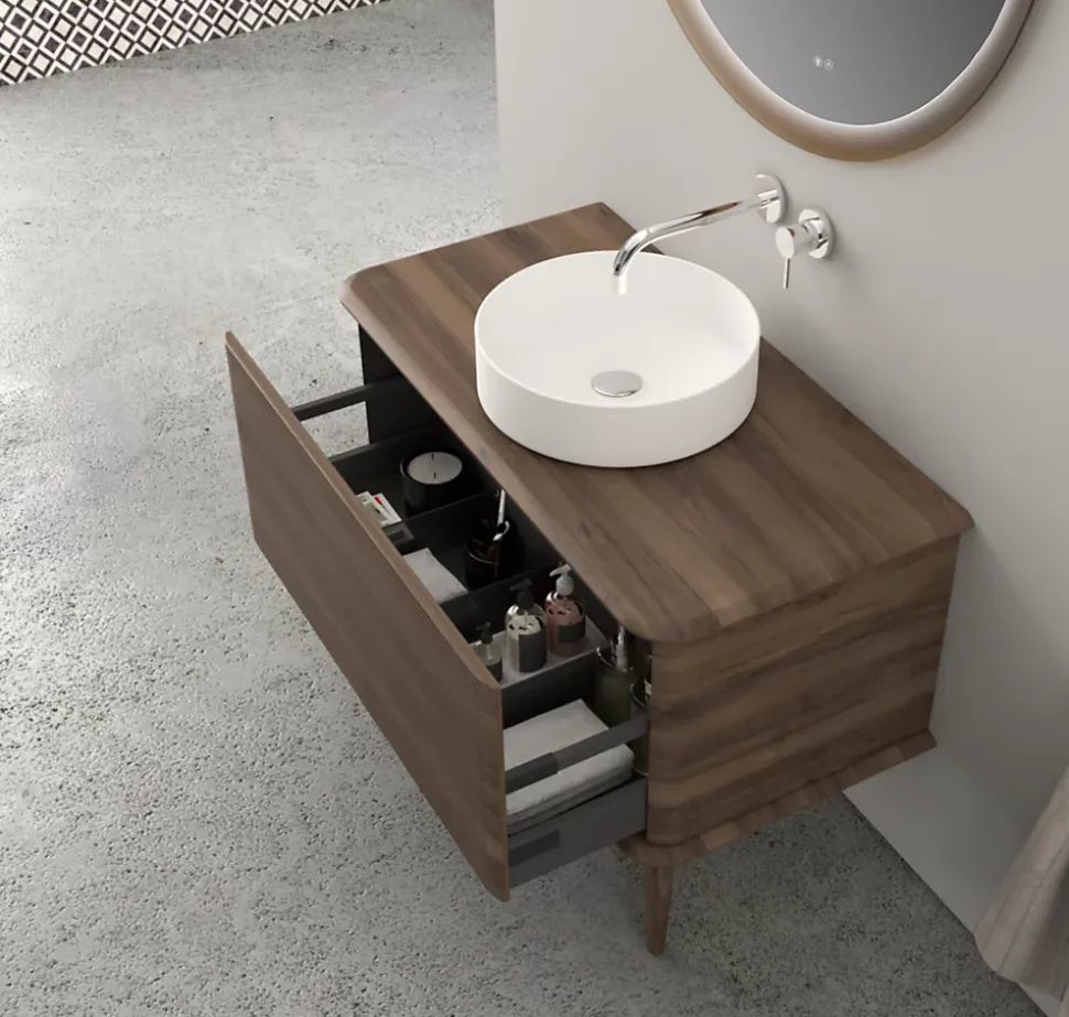 Meuble sous-vasque à suspendre l.95 cm avec plan de toilette, vasque à poser et pieds H.29 cm, effet noyer, Idra