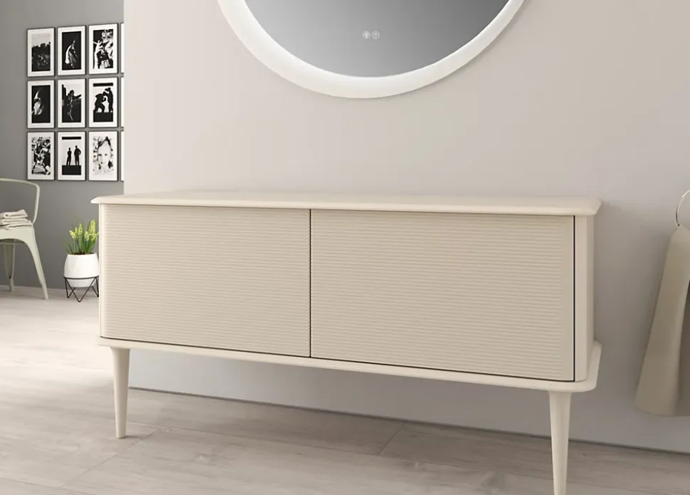 Meuble sous-vasque à suspendre l.141 cm avec plan de toilette et pieds H.29 cm, beige coton, Idra
