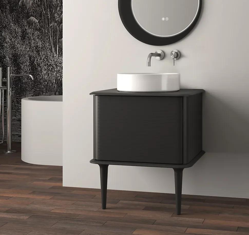 Meuble sous-vasque à suspendre l.61 cm avec plan de toilette, vasque à poser et pieds, noir mat, Idra