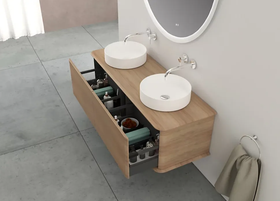 Meuble sous-vasque à suspendre l.141 cm avec plan de toilette et 2 vasques à poser, effet chêne tabac, Idra