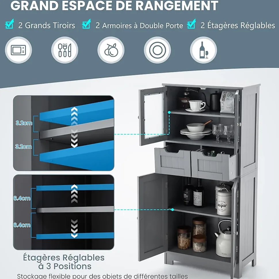 Meuble sur Pied de Salle de Bain 2 Tiroirs 1 Cabinet Clôture avec Etageere Ajustable Compartiment a Porte en Verre Trempe